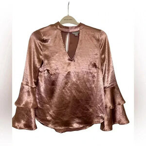Belle Sky Satin Rose Gold Ruffle Sleeve Shirt Size 4
